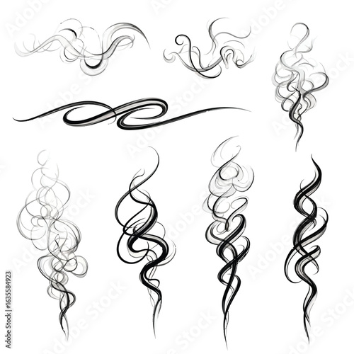 Collection of elegant black smoke swirls and abstract flowing lines on a white background