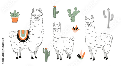 Charming hand drawn llamas and cacti adorable desert animals collection for childrens designs