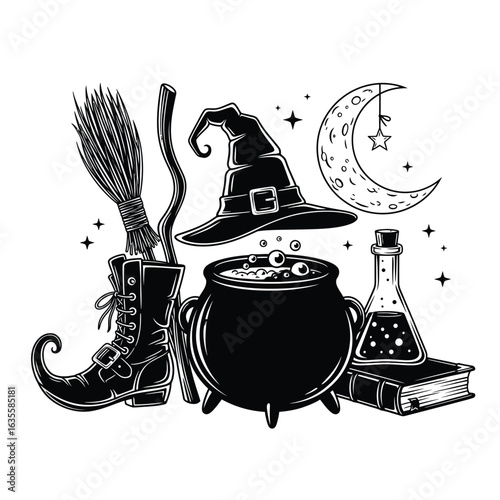 Mystical witchcraft collection with a bubbling cauldron, hat, and spellbook under the moon