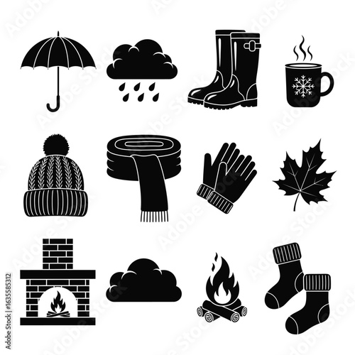 Simple autumn and winter season icon collection for weather and cozy lifestyle concepts