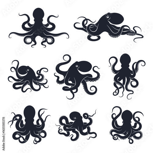 Collection of silhouettes featuring various artistic interpretations of octopuses with spread tentacles and distinctive body shapes