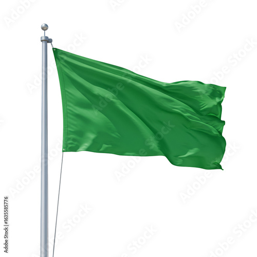 Realistic Green Flag Waving On A Pole Against A Transparent Background