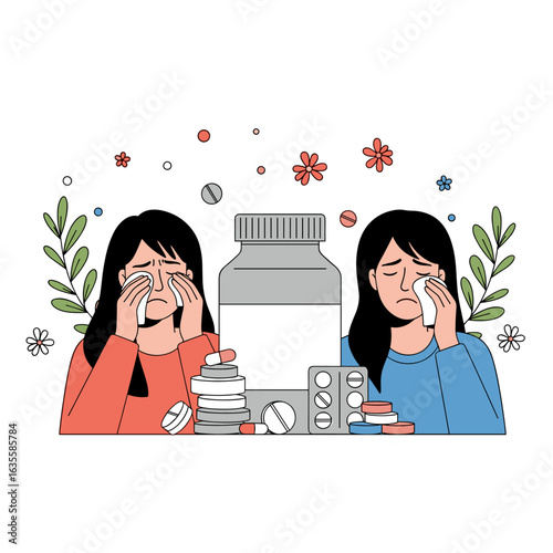 Illustrating the discomfort and emotional distress associated with seasonal allergies and illness