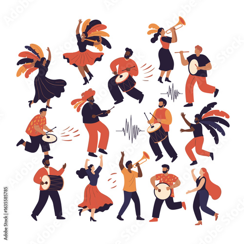 Vibrant celebration of diverse musicians and dancers engaging in festive rhythmic performances