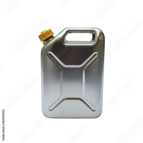 Silver metal jerrycan with yellow cap on a white background fuel petrol