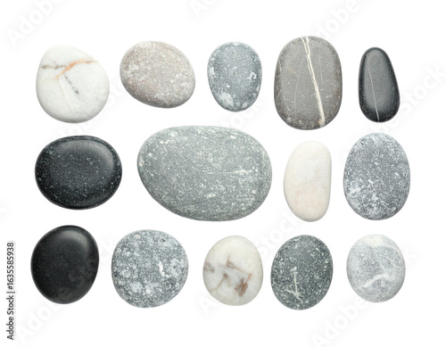 A collection of various smooth, flat meditation stones or pebbles, organized in a grid, isolated on a white background.