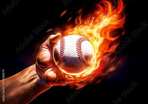 野球ボールを投げる動きに炎の画像効果を合成した3dイラスト