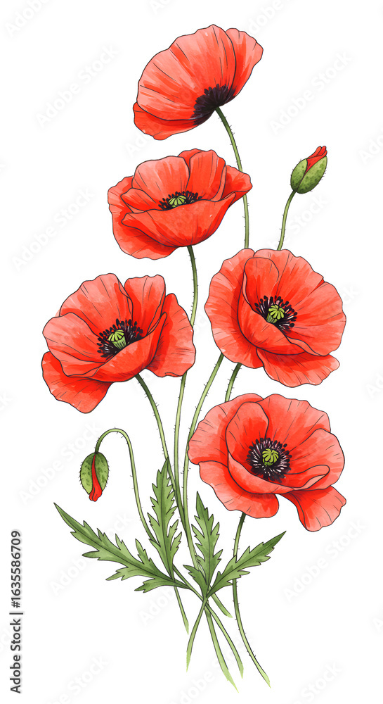 Fototapeta premium Realistic Watercolor Illustration of Red Poppies Bouquet on White Background