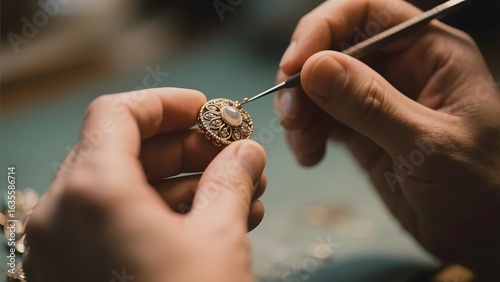 Craftsman meticulously working on an intricate piece of jewelry with a fine tool.