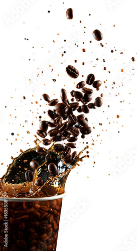 Realistic Photo of Coffee Beans Splashing into A Drink Cup on Isolated Black Background