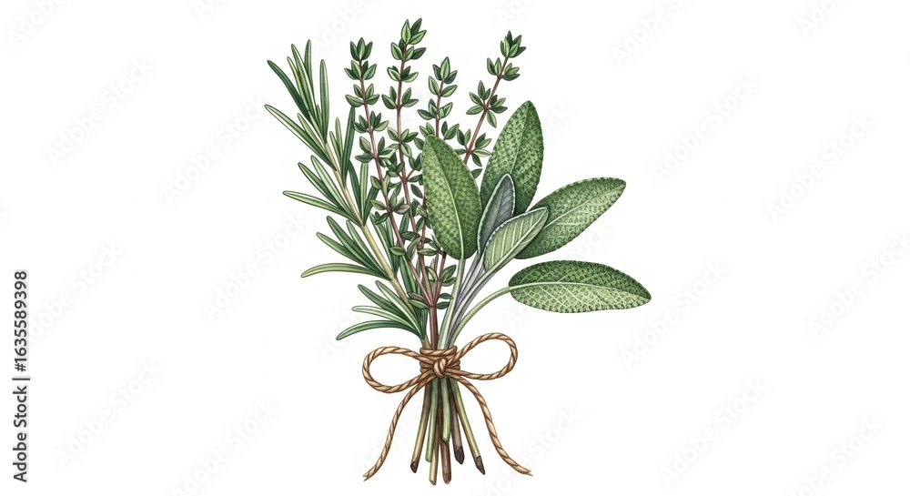 Fototapeta premium Fresh Herb Bundle with Sprigs of Rosemary, Thyme, and Sage