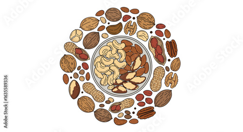 Healthy assorted nuts and seeds arranged in a circle around a plate of kernels and dried fruits for a delicious snack