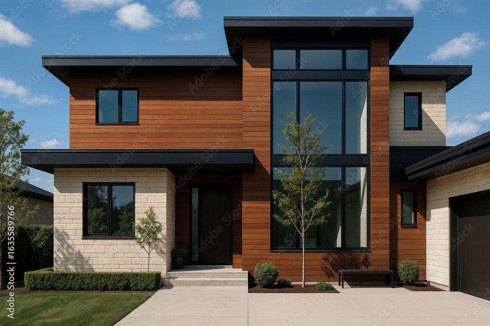Fototapeta premium Modern two story house with flat roof. Contemporary residential architecture and real estate .