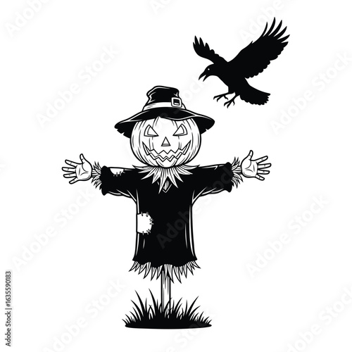 A spooky Halloween illustration of a scarecrow with a jack-o'-lantern head and a crow flying nearby on a white background.