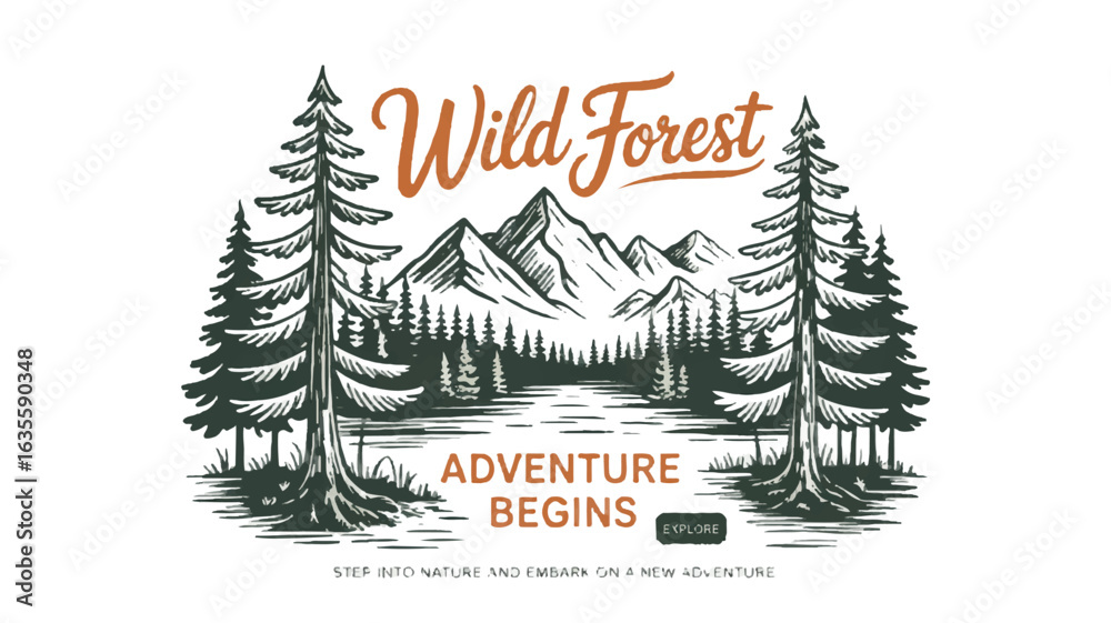 Obraz premium Vintage Wild Forest Adventure Begins Typography with Lake and Mountains nature