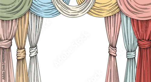 Vibrant fabric drapes adorn a stage with a classic overhead valance design