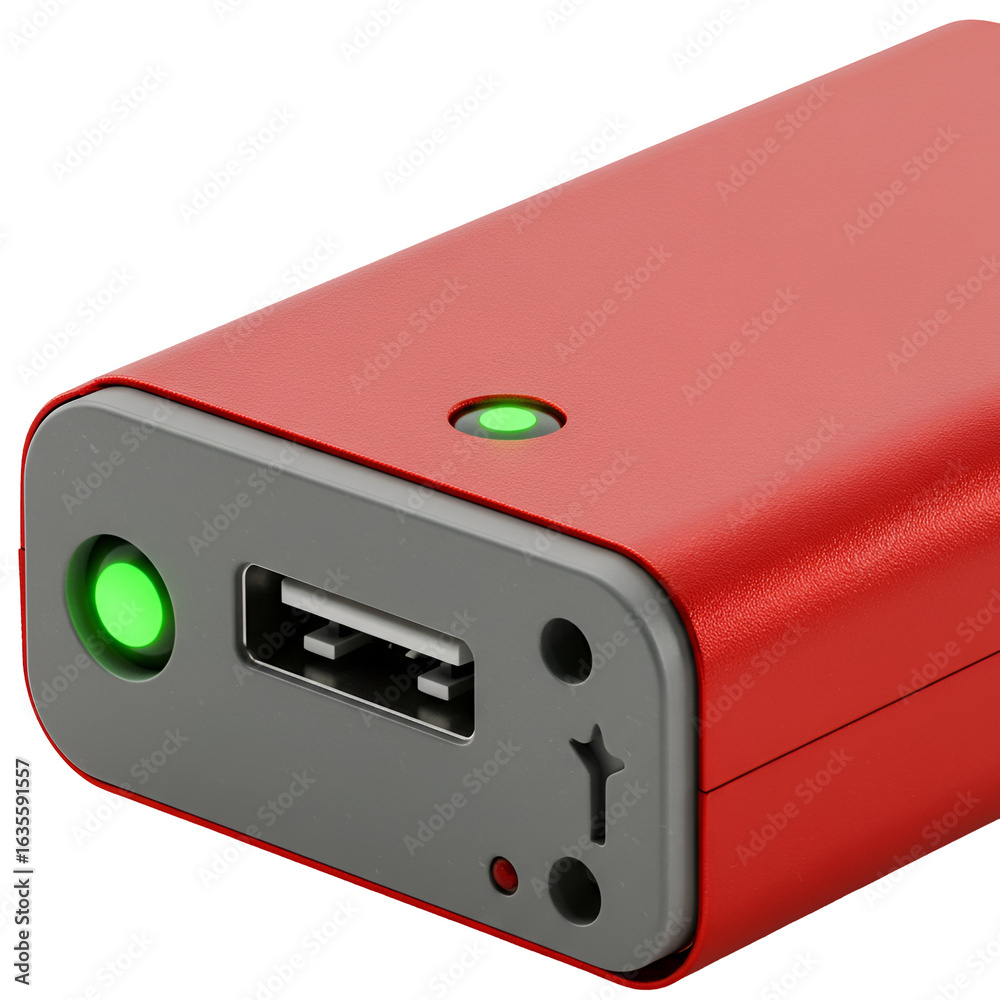 Fototapeta premium Red Power Bank Device With USB Port and Indicator Isolated on Transparent Background