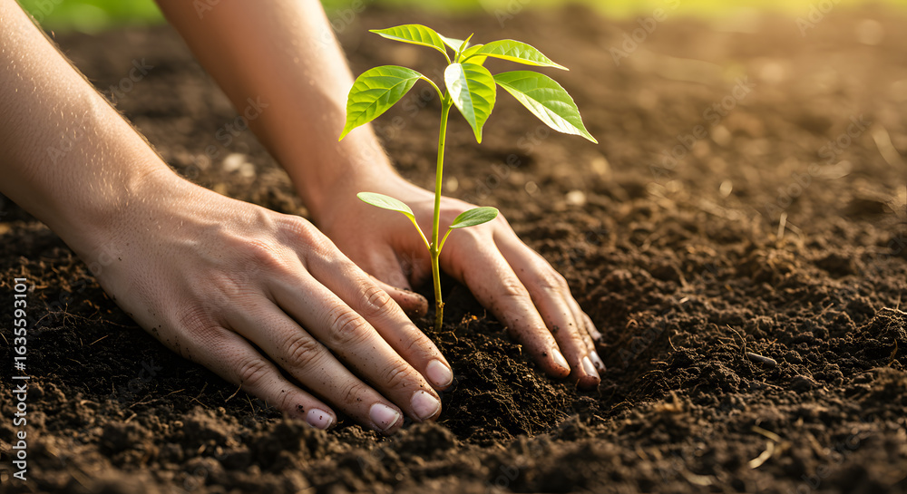 Fototapeta premium Hands nurturing a young seedling in rich soil embodying growth and sustainability