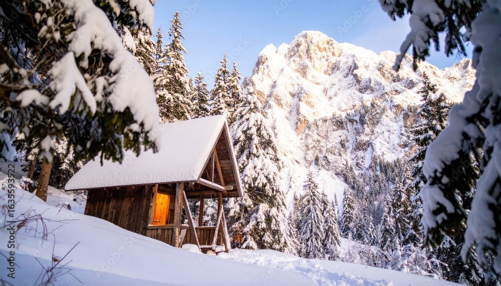 Fototapeta premium Cozy Wooden Cabin Surrounded by Snowy Mountains and Pine Forest Under Clear Sky