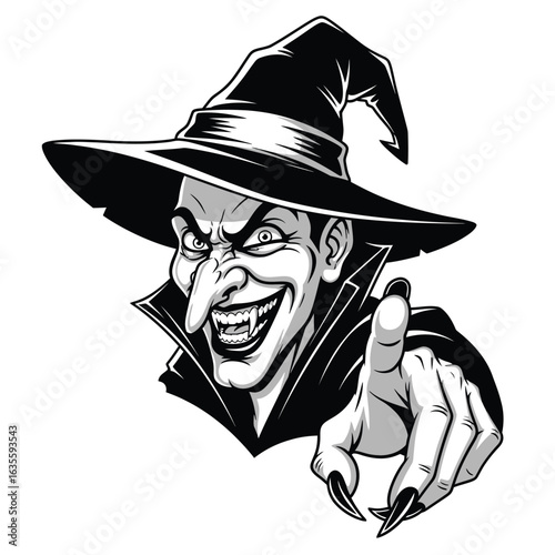 A sinister black and white illustration of a wicked witch with a pointy hat, featuring a menacing grin and pointing a finger.