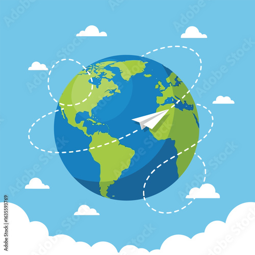 A paper airplane symbolizes a global journey, flying a route around planet Earth in a concept of world travel and discovery.