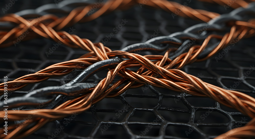 © Ikasam - Intricate interwoven metallic strands on a textured backdrop creating a sophisticated industrial © Ikasam - Intricate interwoven metallic strands on a textured backdrop creating a sophisticated industrial