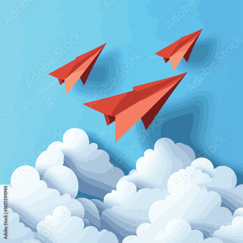 Red paper airplanes flying on blue sky and cloud.Paper art style of business success and leadership creative concept idea.Vector illustration, vector style simple color