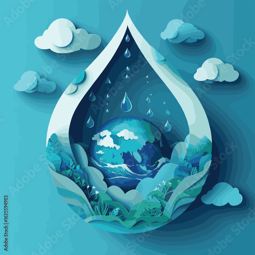 World water day.Earth in water drop.Paper art of save water for ecology and environment conservation concept design