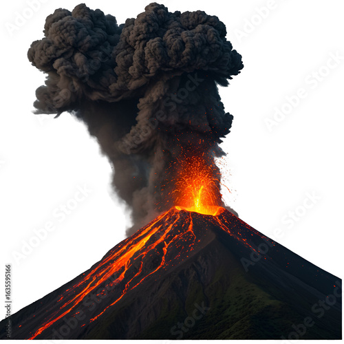 Realistic Illustration of a Volcanic Eruption with Lava and Black Smoke Isolated on Transparent Background