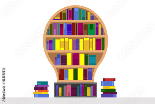 An illustration of a bookshelf that looks like a light bulb, which means that books provide knowledge and creative thinking