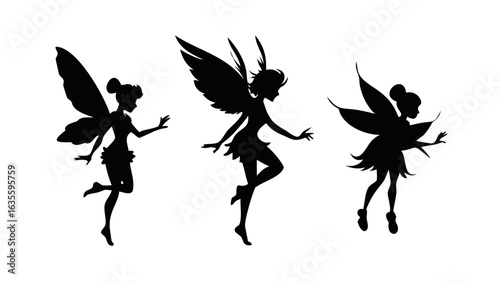 Silhouette illustration of three fairies with wings in different poses on a white background
