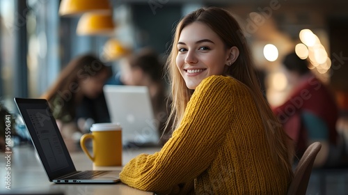 Young woman sitting at a desk with a laptop and a coffee mug  in a yellow sweater.