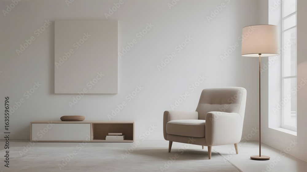 Fototapeta premium Minimalist Living Room with Armchair, Floor Lamp, and Low Cabinet