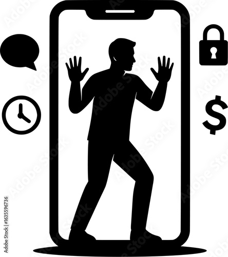 Man Trapped Inside Smartphone – Concept of Digital Addiction, Privacy, and Screen Time Control