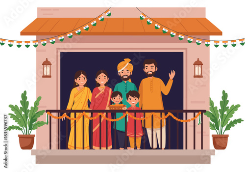 A joyful multi-generational Indian family in colorful traditional attire celebrating together on a decorated balcony.