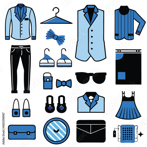 Flat Vector Illustration of Blue Men's and Women's Fashion Items