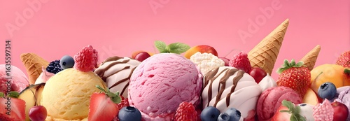 Abstract panoramic banner of various kinds of the ice cream with fruits for ice cream parlor or advertisement 