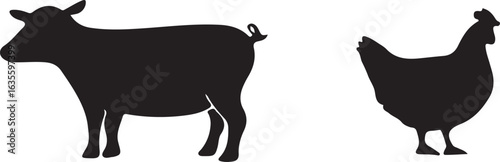 Pig and chicken farm animal silhouettes