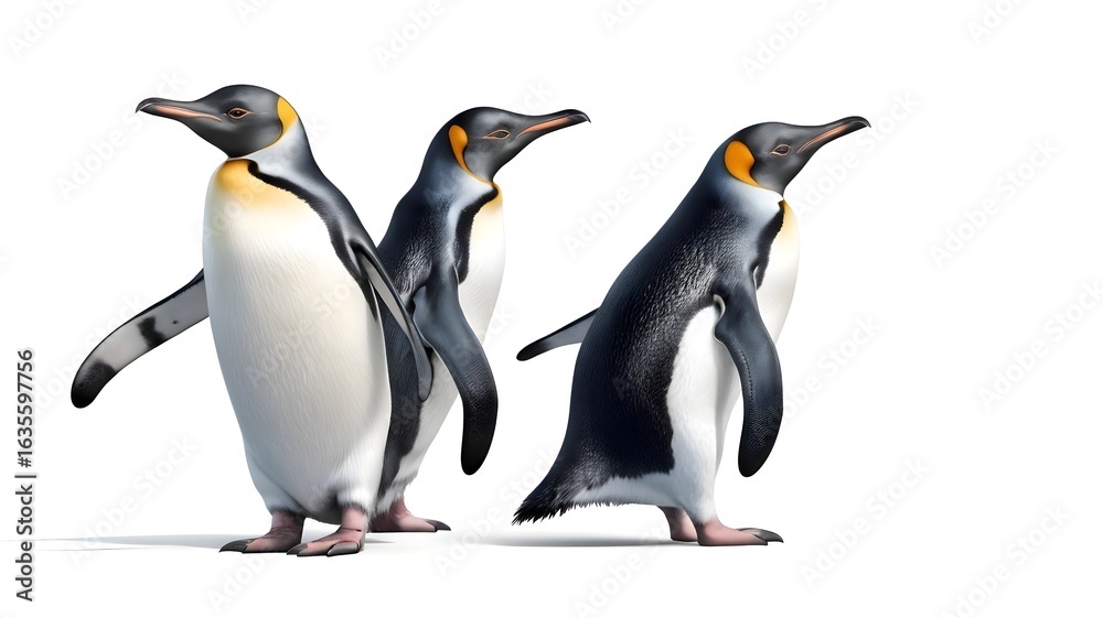 Fototapeta premium Three emperor penguins walking on snowy white background antarctic wildlife and arctic bird photography