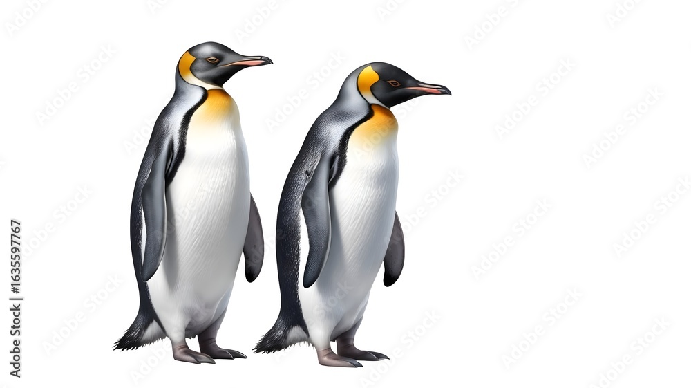 Fototapeta premium Two emperor penguins walking on snowy white background antarctic wildlife and arctic bird photography