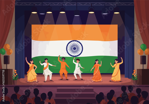 Six Children Performing Energetic Indian Dance in Traditional Costumes.