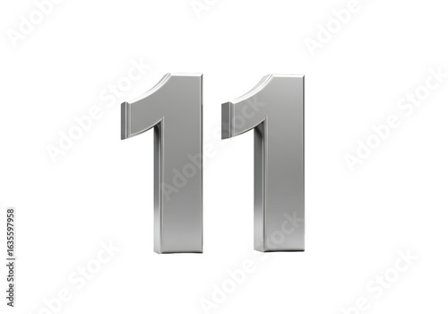 Silver Metallic Three-Dimensional Number 11 Isolated On Transparent Black Background