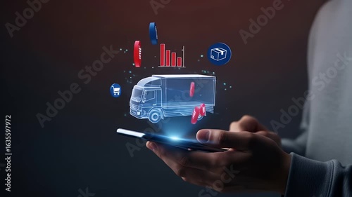 Digital truck and icons hover over a smartphone held by a person