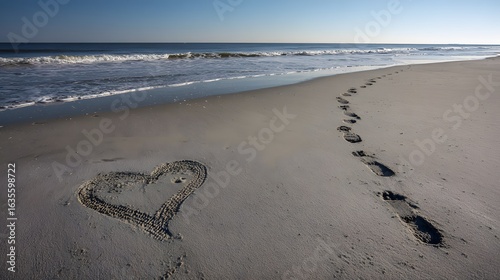 footprints in the sand leading toward the ocean with a heart drawn