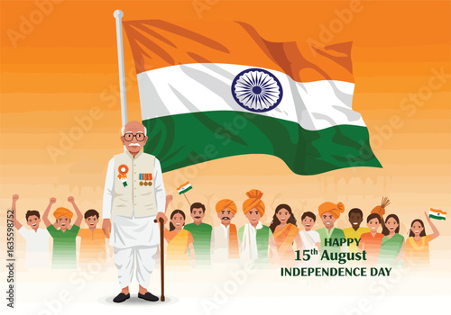 Joyful Indian people and a veteran celebrating Independence Day under a waving Tiranga flag.