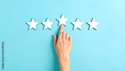 Hand points to a five-star rating on a light blue background