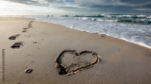 footprints in the sand leading toward the ocean with a heart drawn