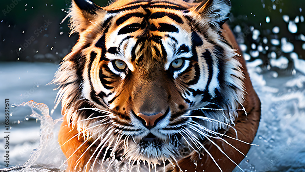 Obraz premium siberian tiger panthera tigris altaica low angle photo direct face view running in the water dire.