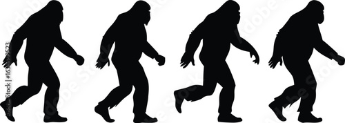 Vector art of silhouette sequence of a bigfoot or sasquatch walking, isolated on white background