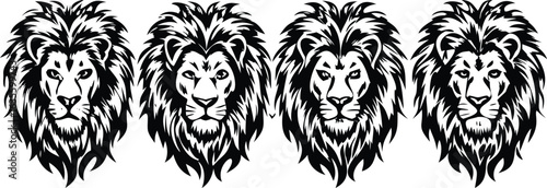Vector art of four majestic lion heads with full manes, isolated on white background